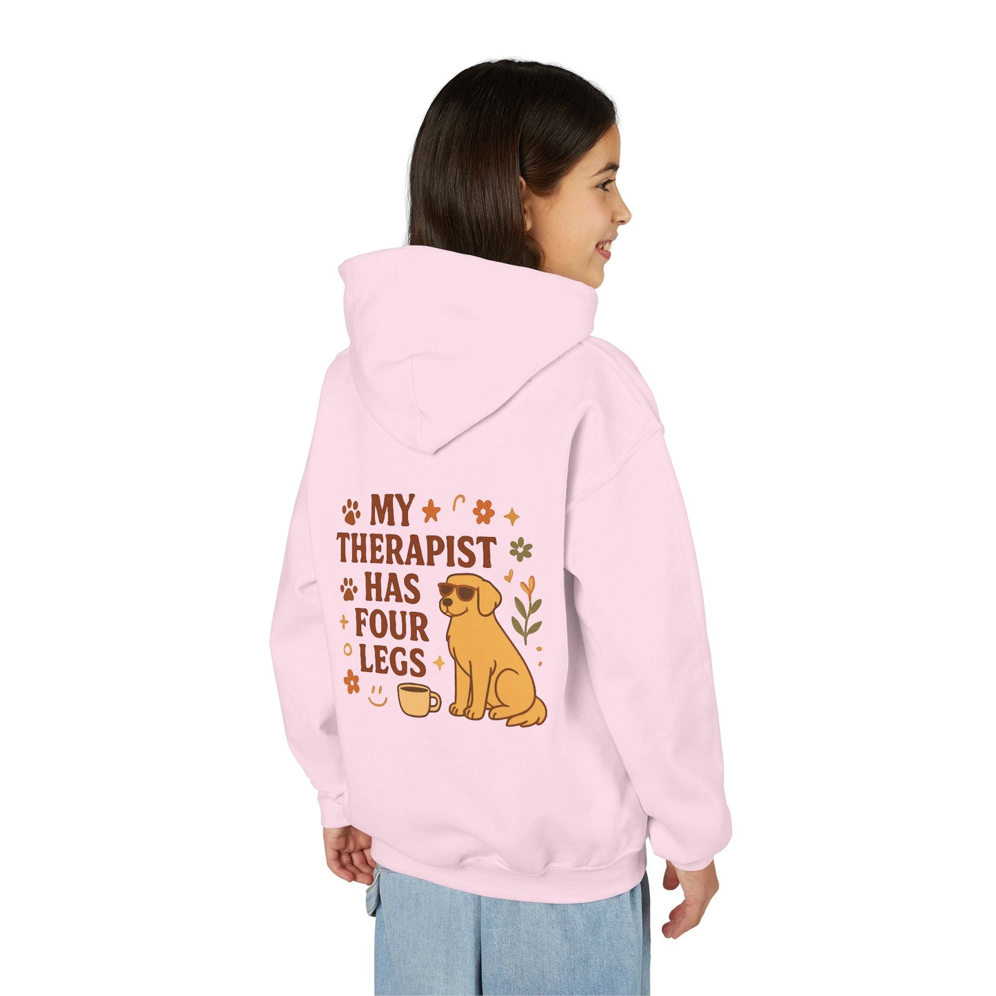 Adopt Love Repeat Hoodie — “My Therapist Has Four Legs” Youth Dog Rescue Sweatshirt