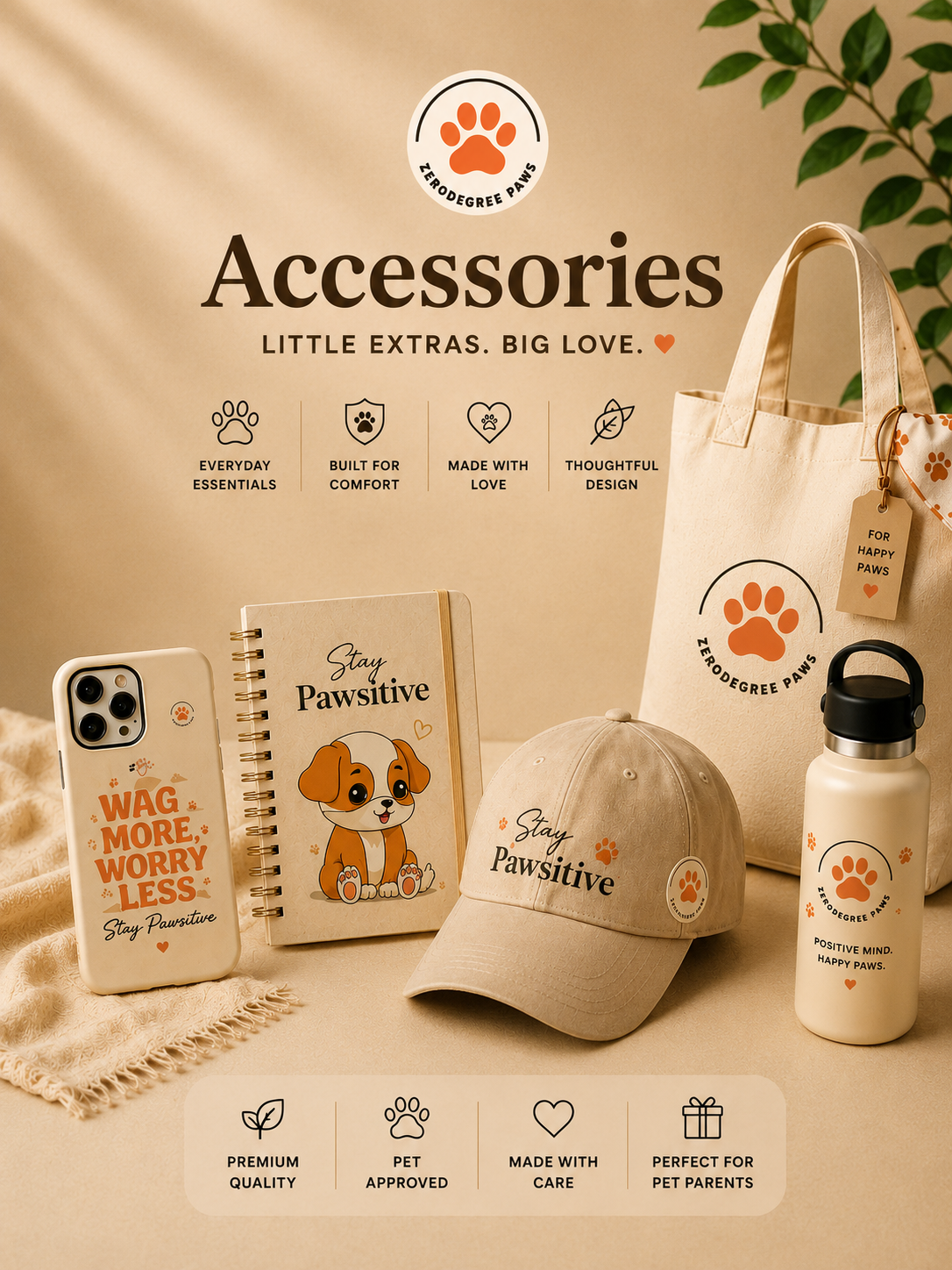 Zero Degree Paws accessories collection featuring dog-themed tote bags, phone cases, mugs, caps, and bottles in warm neutral aesthetic styling