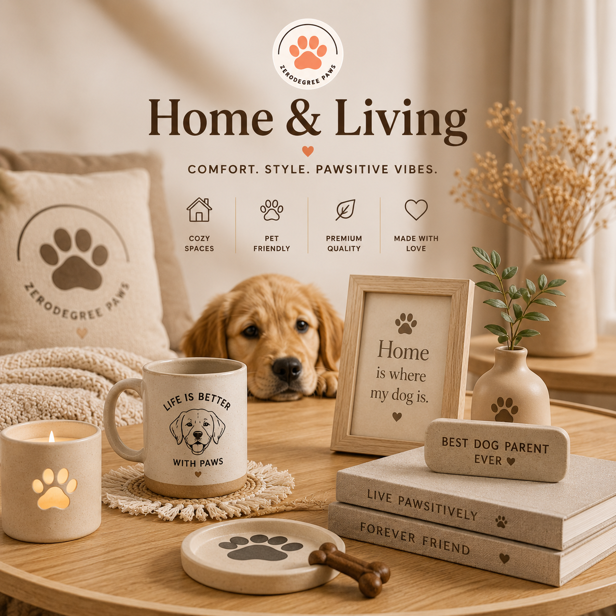 “Dog-themed home and living collection with cozy mugs, cushions, and decor by Zero Degree Paws