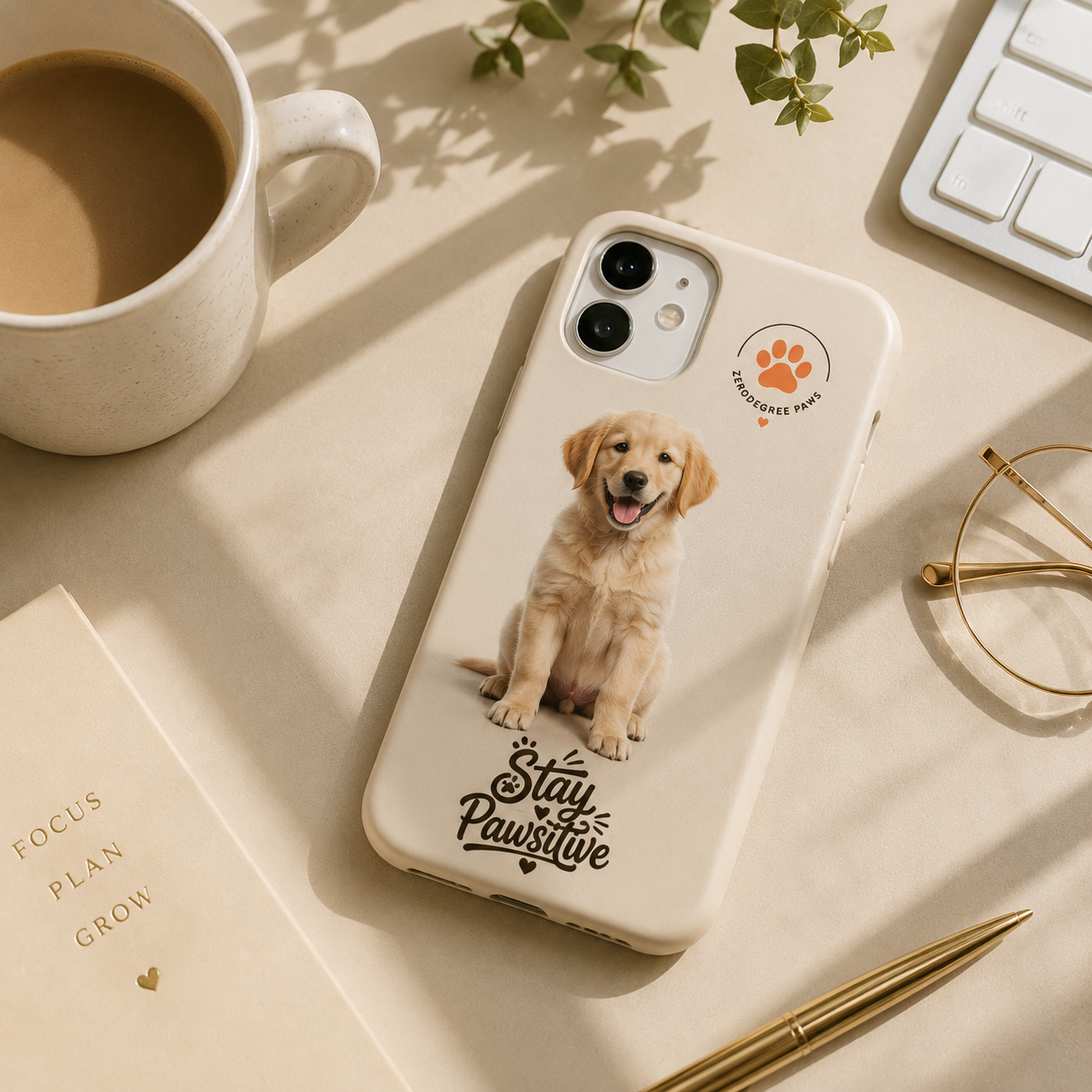 Premium dog-themed phone case displayed in a modern lifestyle setup with soft lighting and minimal aesthetic background.