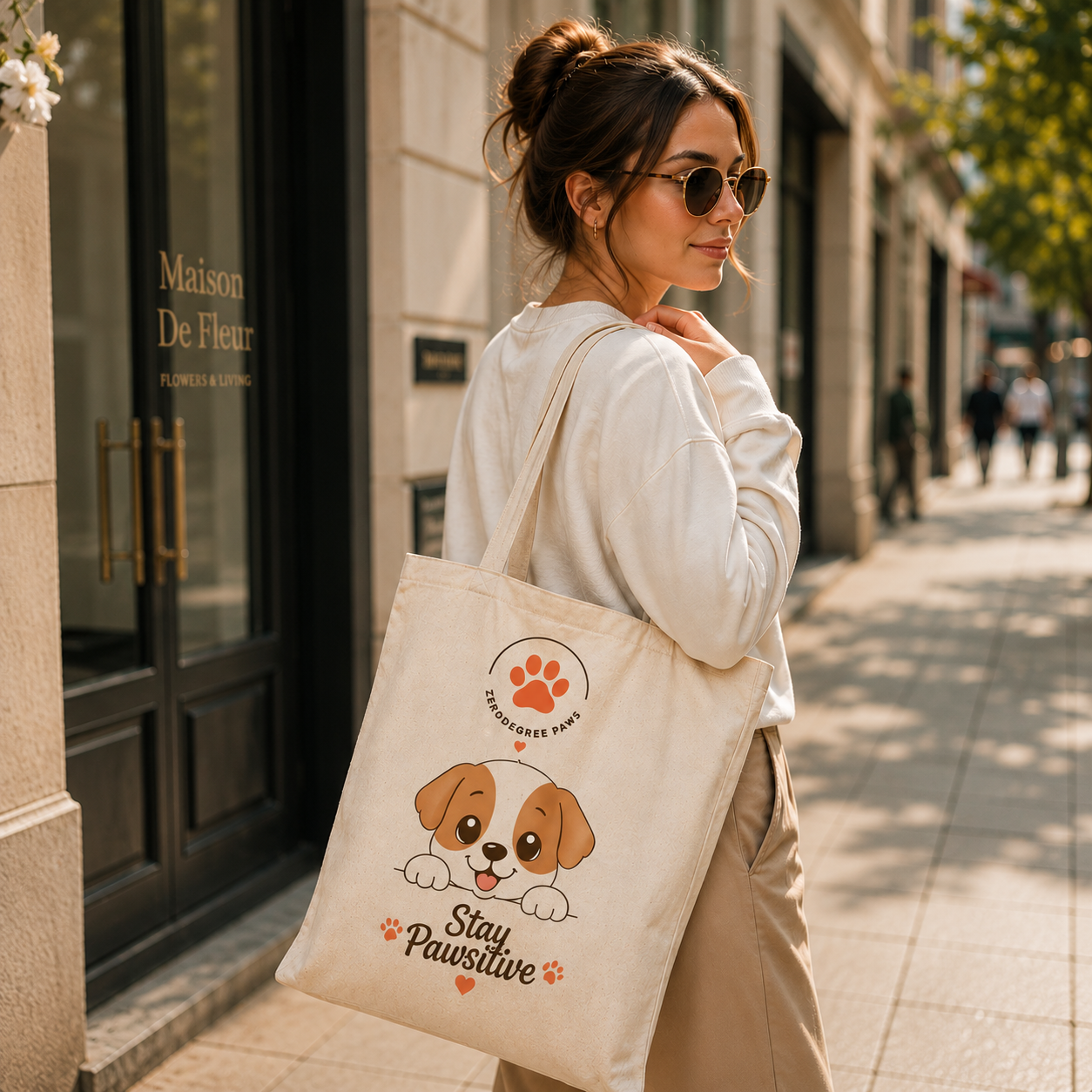 Minimal dog-lover tote bag displayed in a premium lifestyle environment with cozy warm lighting.