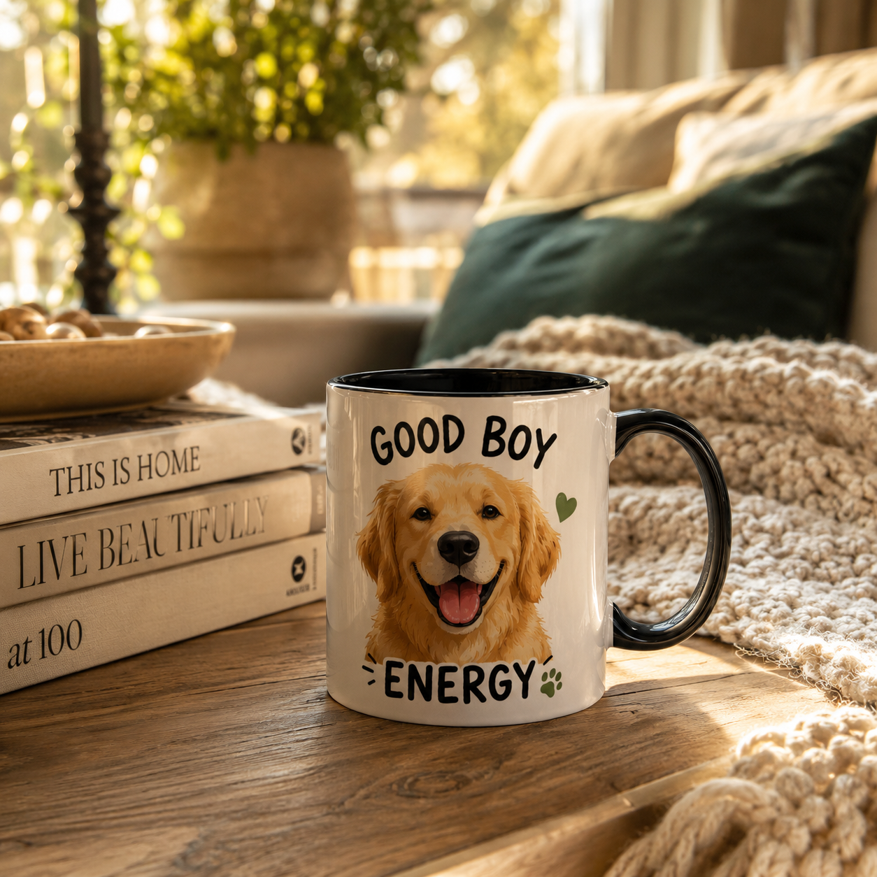 Premium ceramic dog-lover mug placed on a cozy coffee table with warm sunlight and home decor.