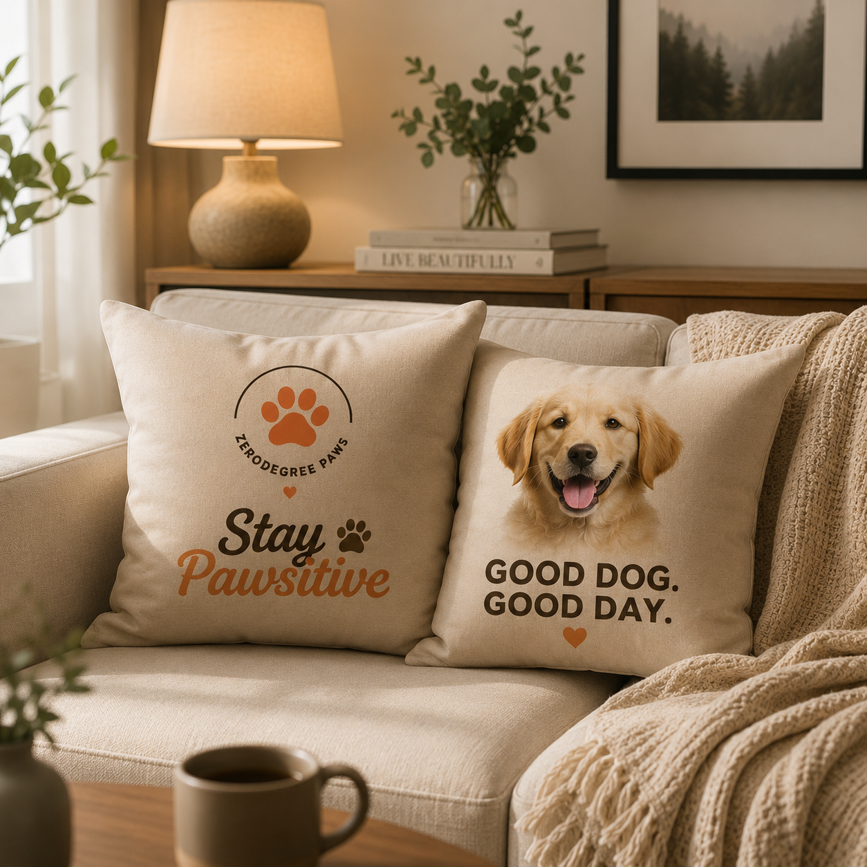 Premium dog-themed decorative pillows placed on a cozy modern sofa with warm home lighting.