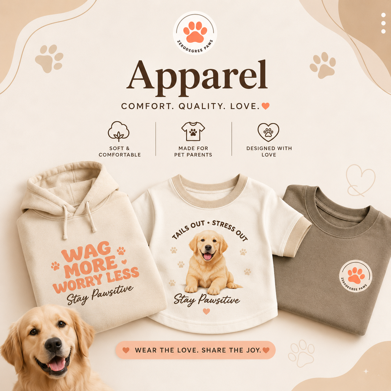 Zero Degree Paws apparel collection featuring premium dog lover t-shirts and hoodies in neutral beige tones with golden retriever theme and stylish paw-inspired designs