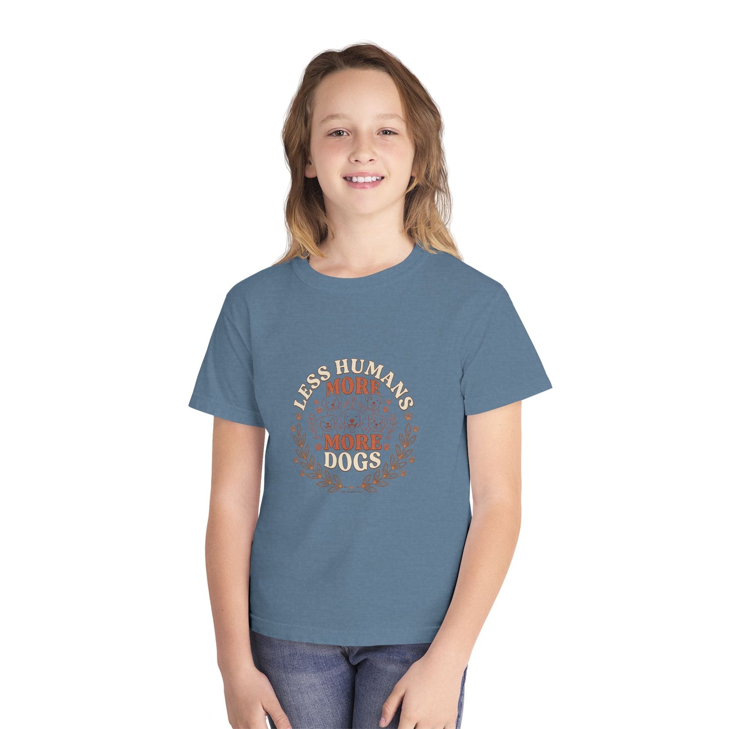 Youth Tee — “Less Humans More Dogs / Puppy Therapy Works Better” Cute Dog Graphic Shirt