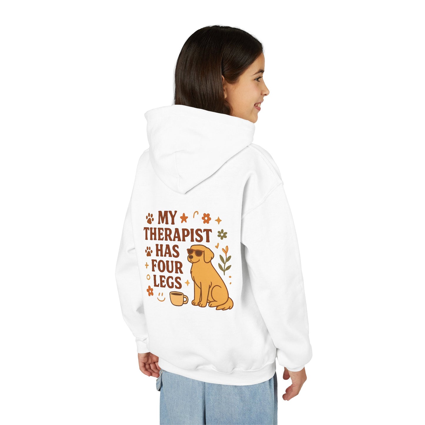 Adopt Love Repeat Hoodie — “My Therapist Has Four Legs” Youth Dog Rescue Sweatshirt