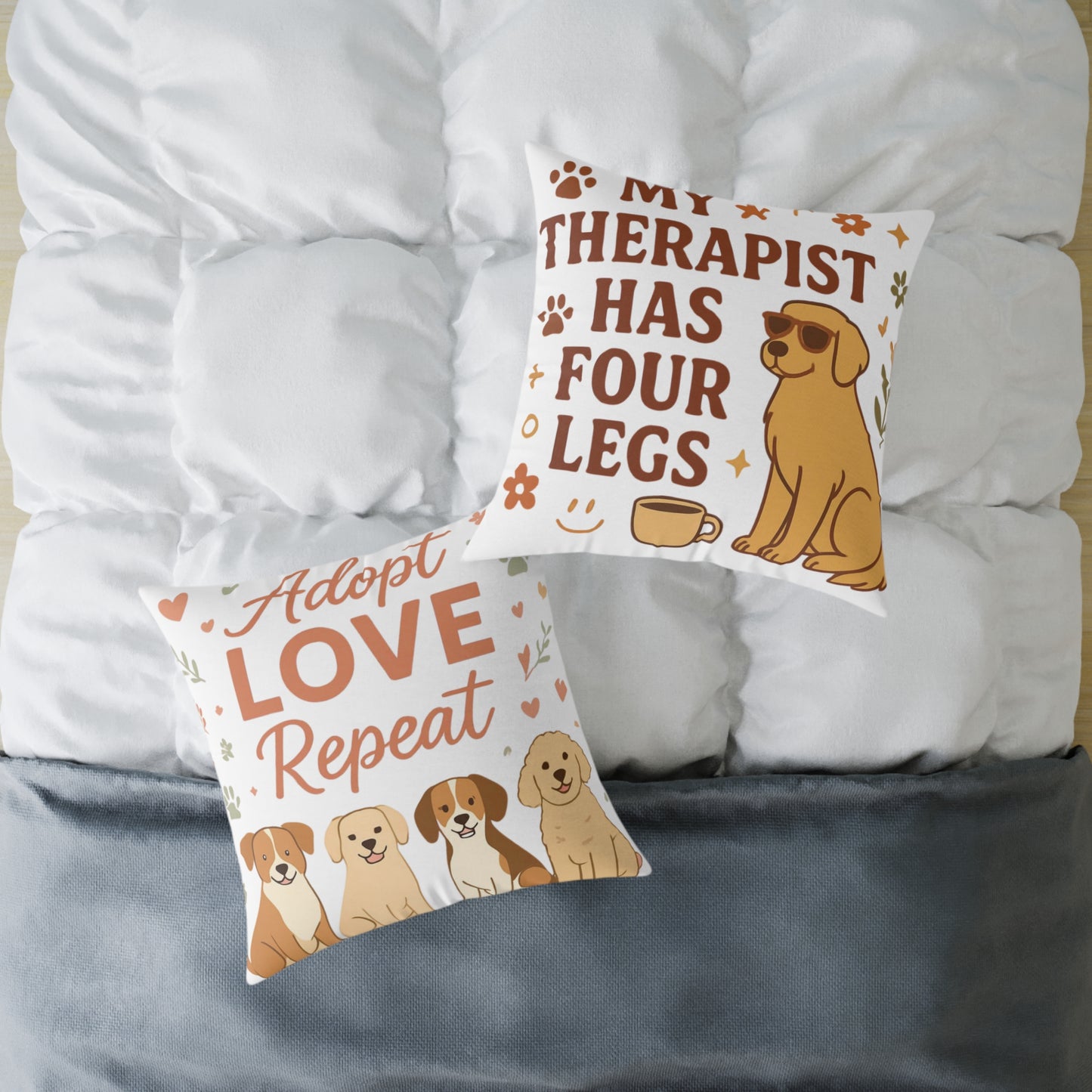 Adopt Love Repeat Dog Pillow — "My Therapist Has Four Legs" Square Throw Pillow