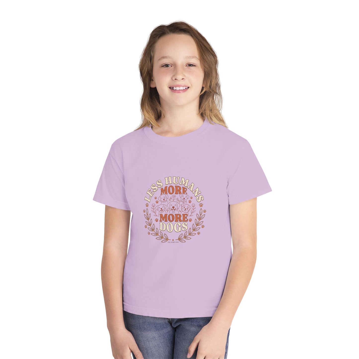 Youth Tee — “Less Humans More Dogs / Puppy Therapy Works Better” Cute Dog Graphic Shirt