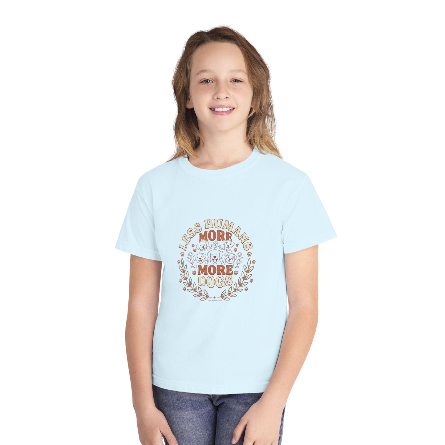 Youth Tee — “Less Humans More Dogs / Puppy Therapy Works Better” Cute Dog Graphic Shirt