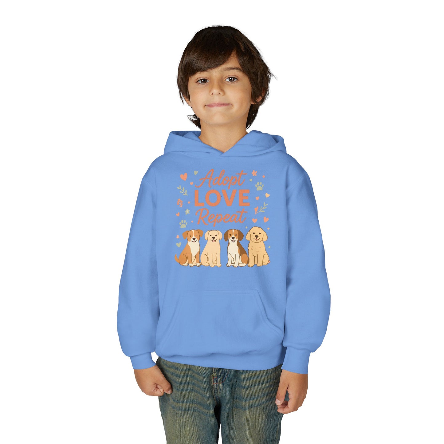 Adopt Love Repeat Hoodie — “My Therapist Has Four Legs” Youth Dog Rescue Sweatshirt