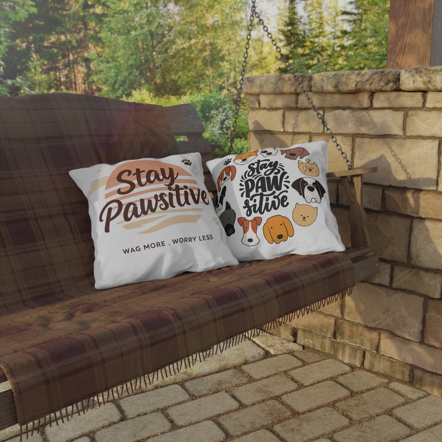 Stay Pawsitive Outdoor Pillow – Dog Lover Decorative Throw Pillow (Wag More, Worry Less)