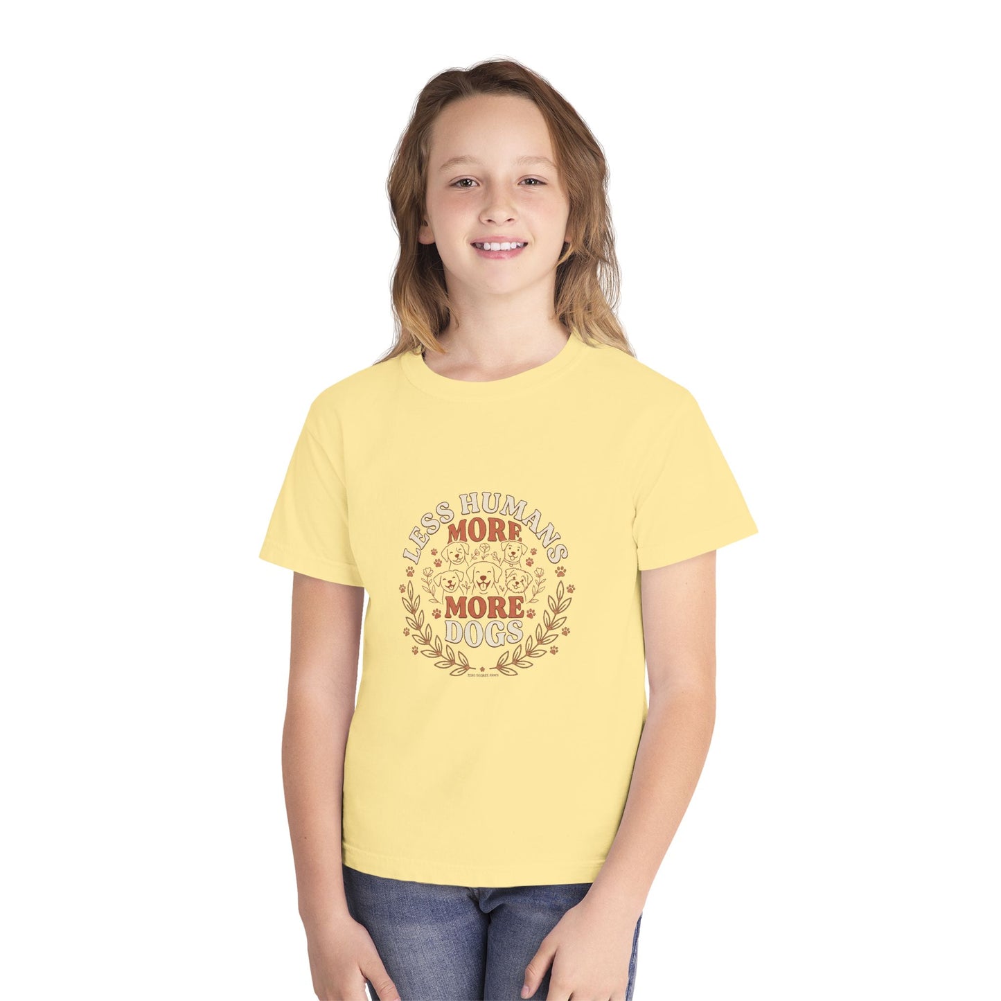 Youth Tee — “Less Humans More Dogs / Puppy Therapy Works Better” Cute Dog Graphic Shirt
