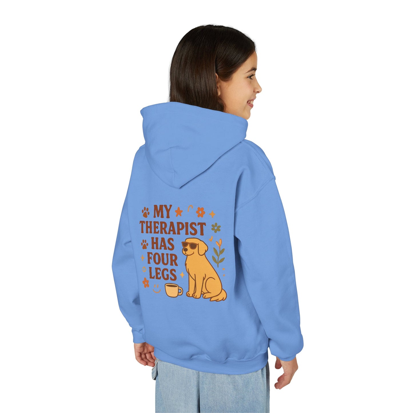 Adopt Love Repeat Hoodie — “My Therapist Has Four Legs” Youth Dog Rescue Sweatshirt