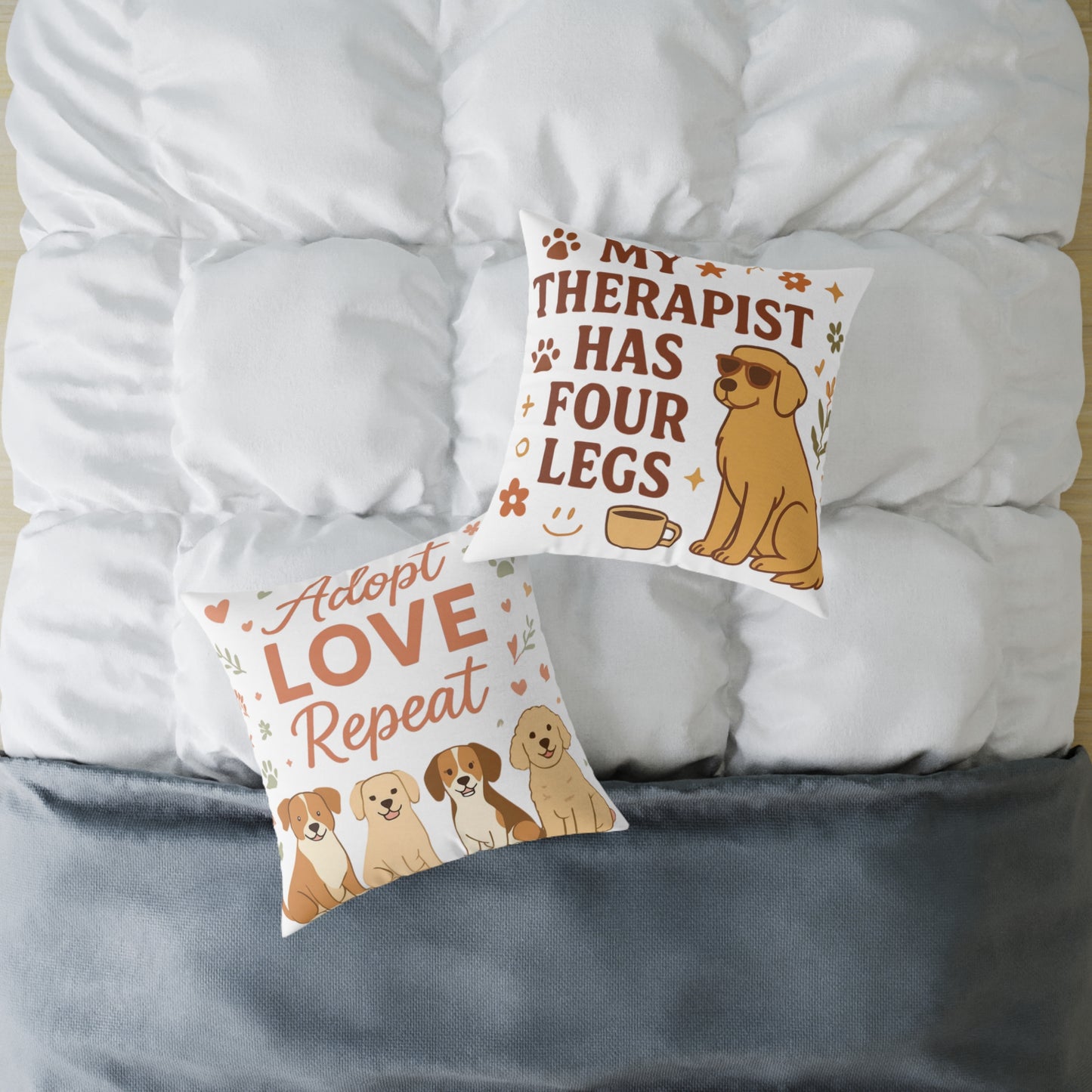Adopt Love Repeat Dog Pillow — "My Therapist Has Four Legs" Square Throw Pillow
