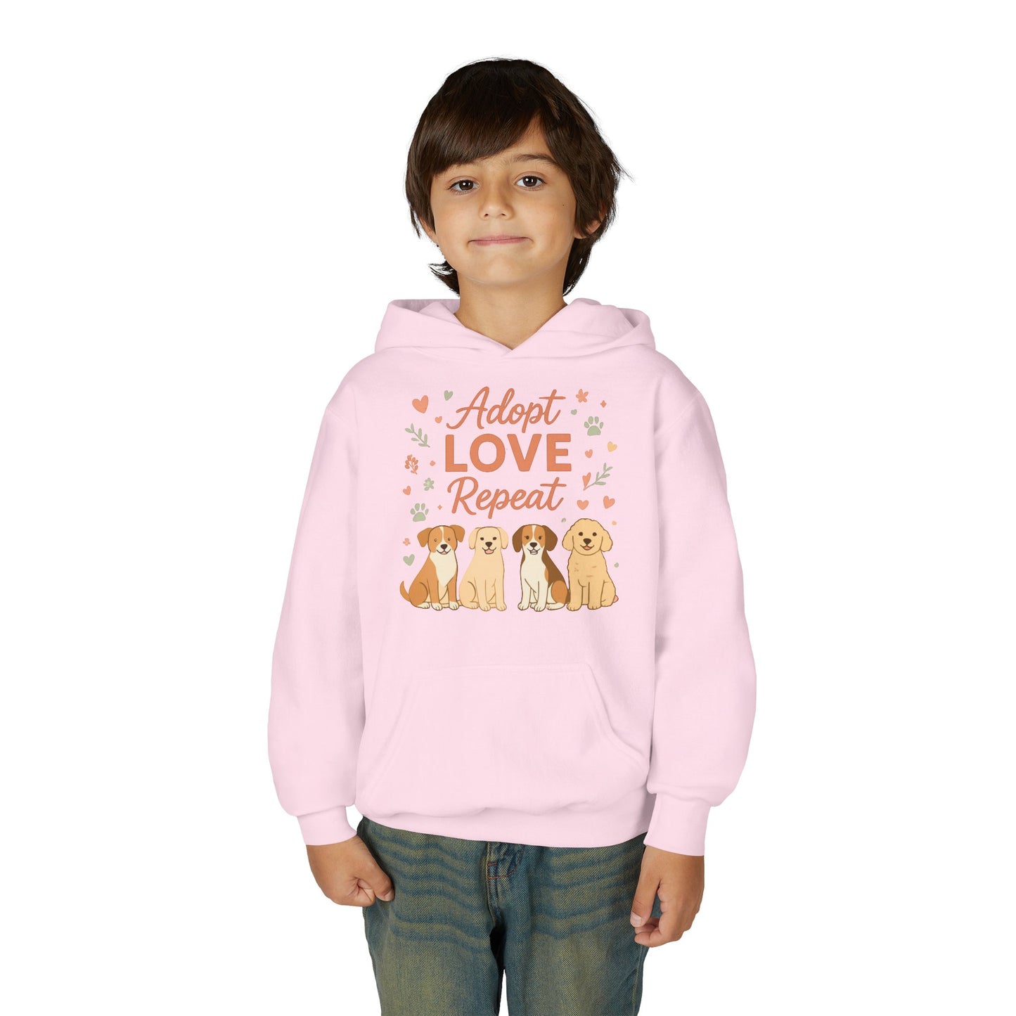 Adopt Love Repeat Hoodie — “My Therapist Has Four Legs” Youth Dog Rescue Sweatshirt