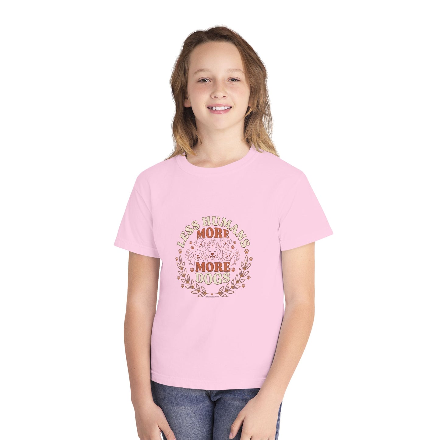 Youth Tee — “Less Humans More Dogs / Puppy Therapy Works Better” Cute Dog Graphic Shirt