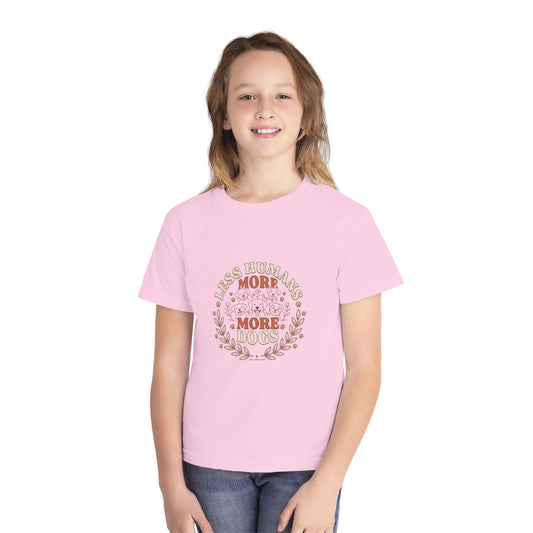 Youth Tee — “Less Humans More Dogs / Puppy Therapy Works Better” Cute Dog Graphic Shirt