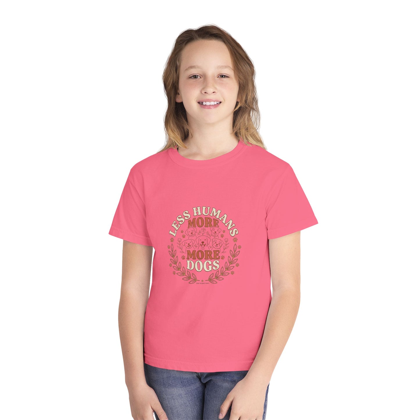 Youth Tee — “Less Humans More Dogs / Puppy Therapy Works Better” Cute Dog Graphic Shirt