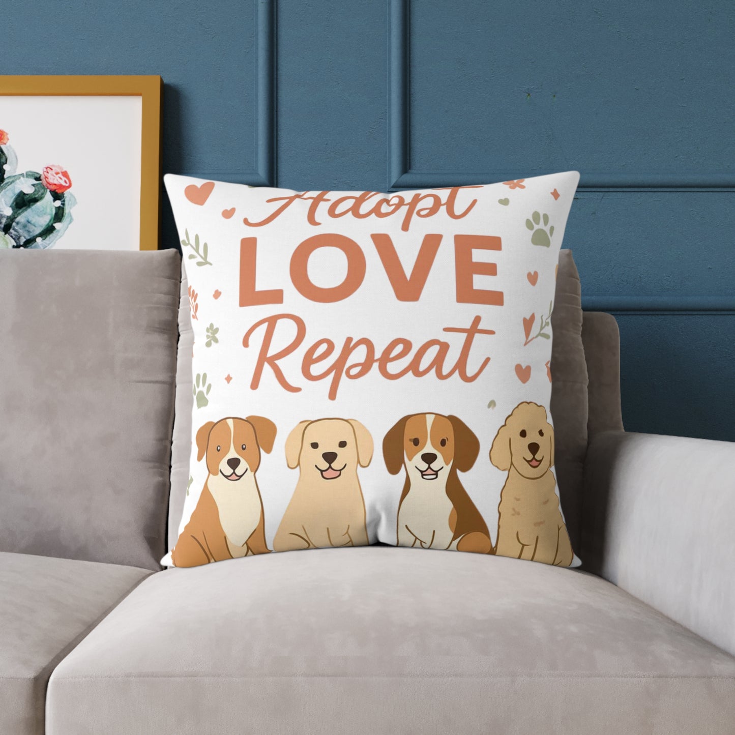 Adopt Love Repeat Dog Pillow — "My Therapist Has Four Legs" Square Throw Pillow