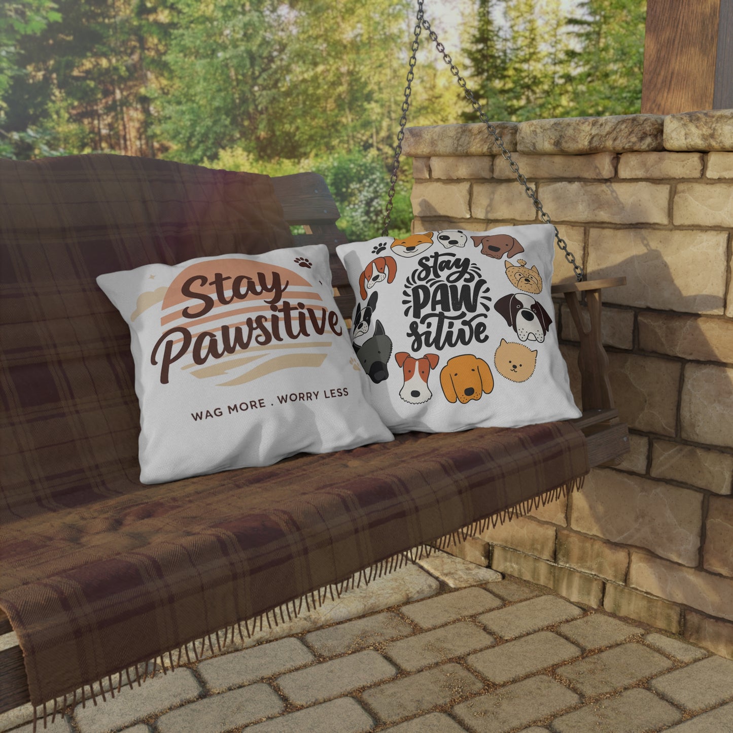Stay Pawsitive Outdoor Pillow – Dog Lover Decorative Throw Pillow (Wag More, Worry Less)