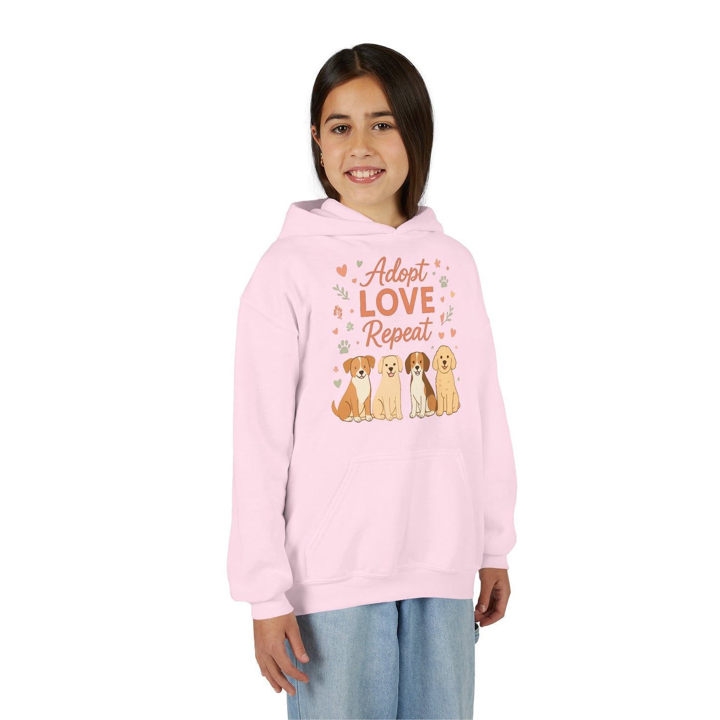 Adopt Love Repeat Hoodie — “My Therapist Has Four Legs” Youth Dog Rescue Sweatshirt