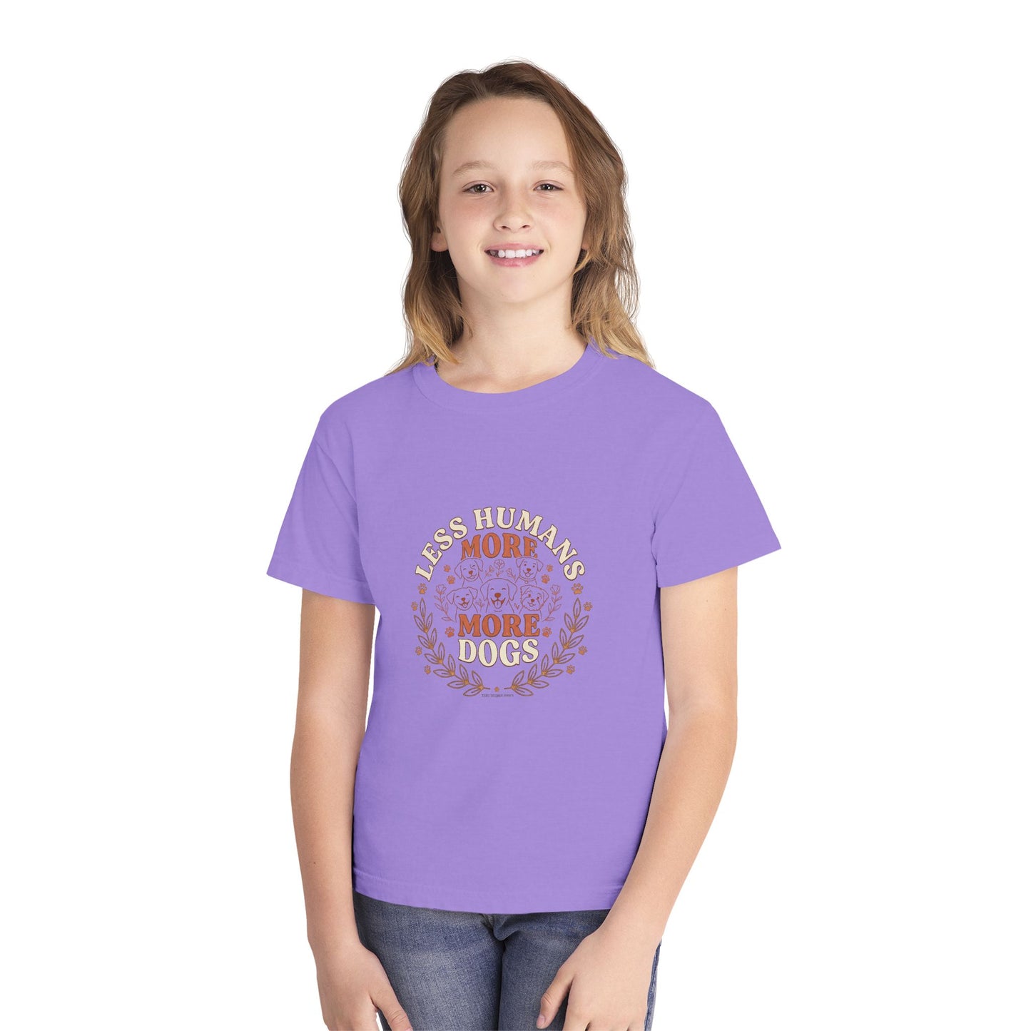 Youth Tee — “Less Humans More Dogs / Puppy Therapy Works Better” Cute Dog Graphic Shirt