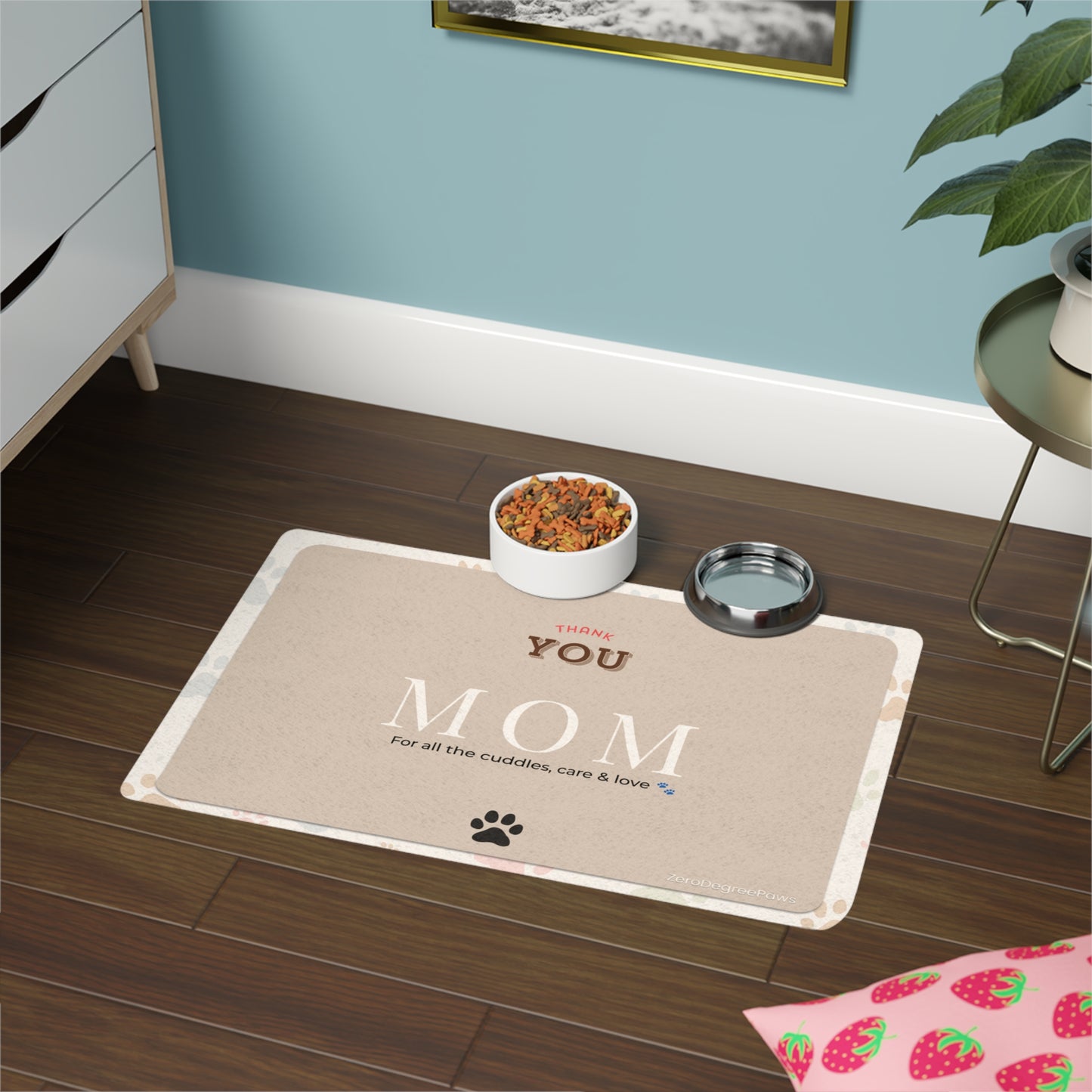 Pet Food Mat — “Thank You Mom” Paw Print Pet Placemat (12x18)