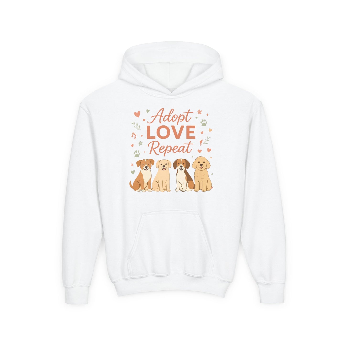 Adopt Love Repeat Hoodie — “My Therapist Has Four Legs” Youth Dog Rescue Sweatshirt