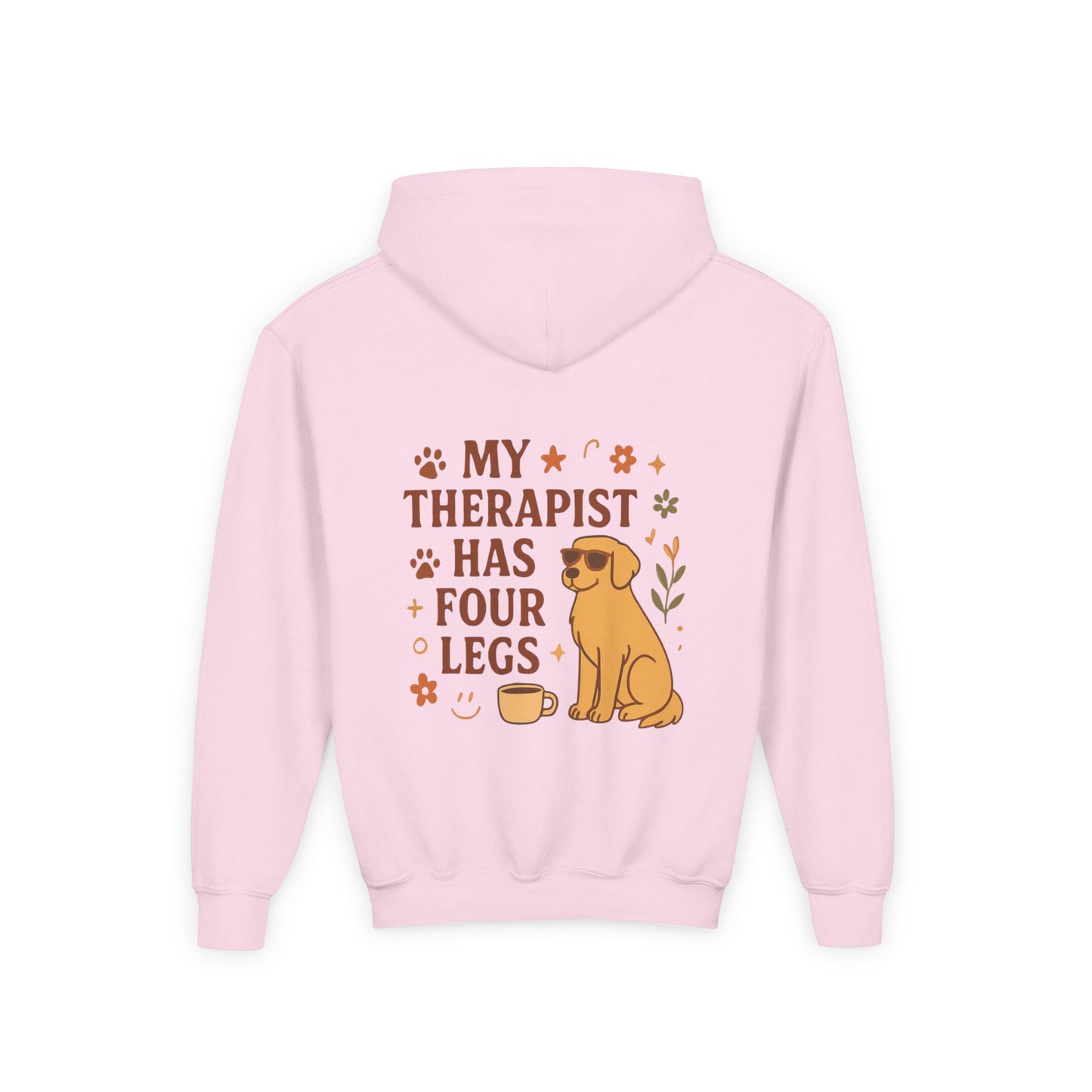 Adopt Love Repeat Hoodie — “My Therapist Has Four Legs” Youth Dog Rescue Sweatshirt