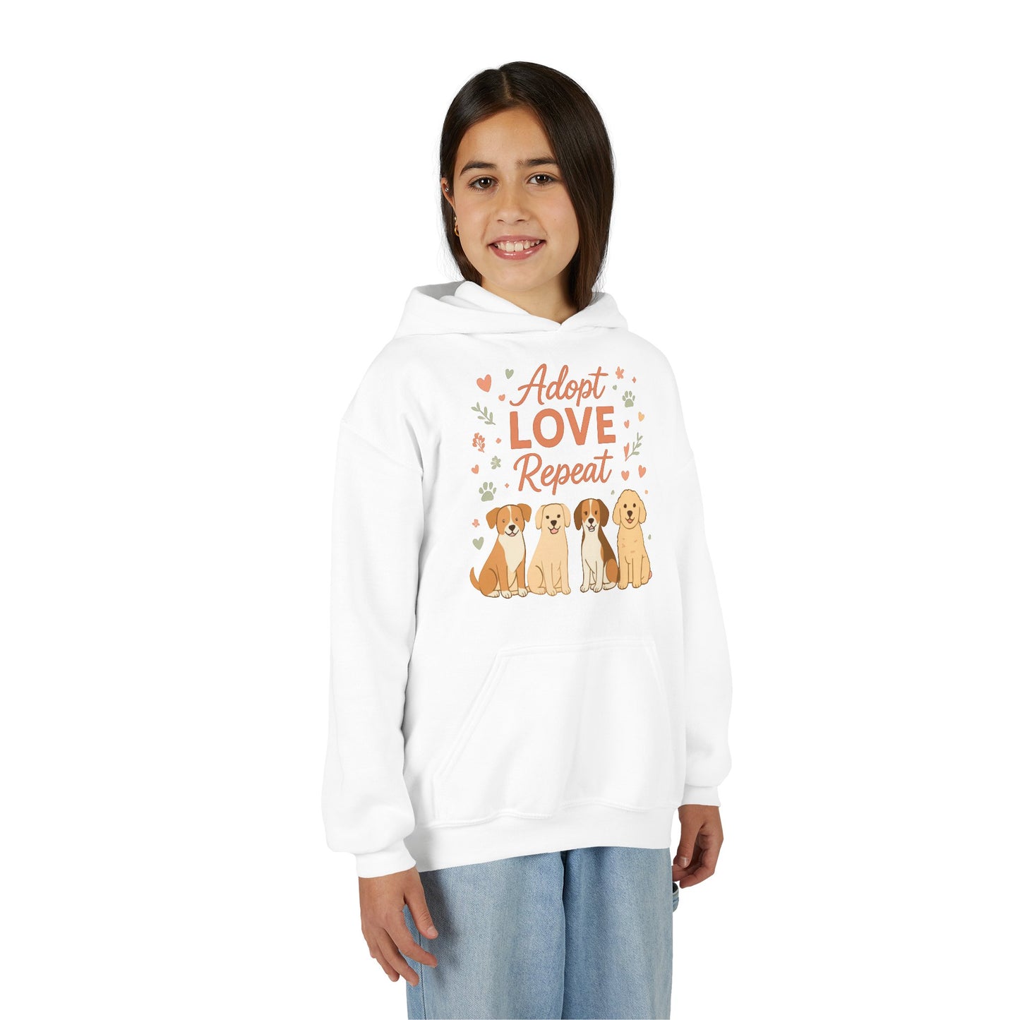 Adopt Love Repeat Hoodie — “My Therapist Has Four Legs” Youth Dog Rescue Sweatshirt
