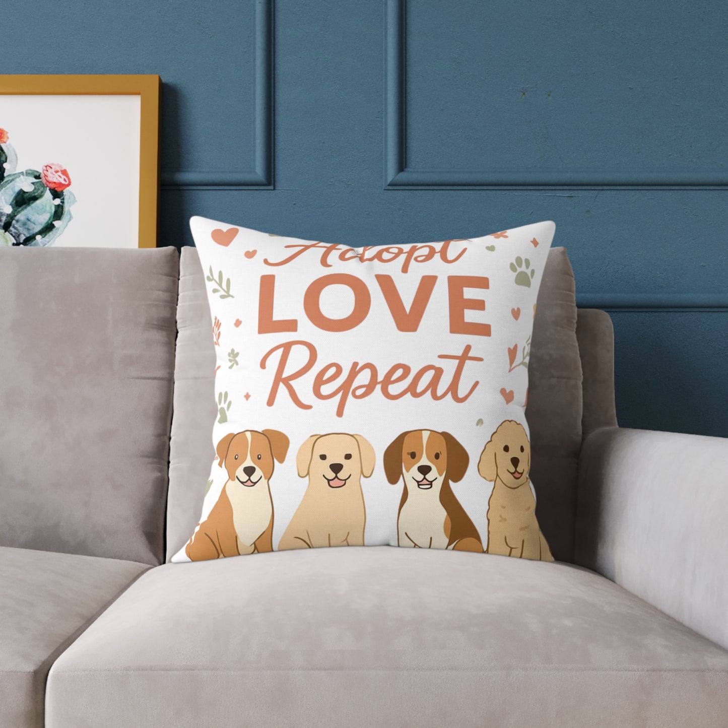 Adopt Love Repeat Dog Pillow — "My Therapist Has Four Legs" Square Throw Pillow