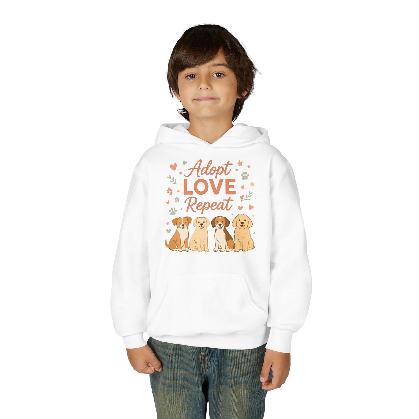Adopt Love Repeat Hoodie — “My Therapist Has Four Legs” Youth Dog Rescue Sweatshirt