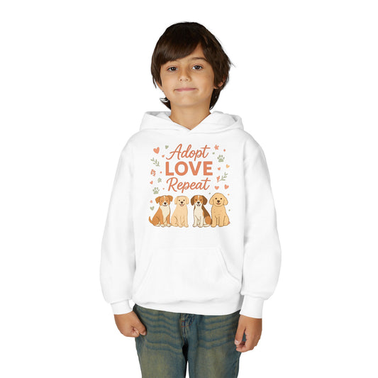 Adopt Love Repeat Hoodie — “My Therapist Has Four Legs” Youth Dog Rescue Sweatshirt