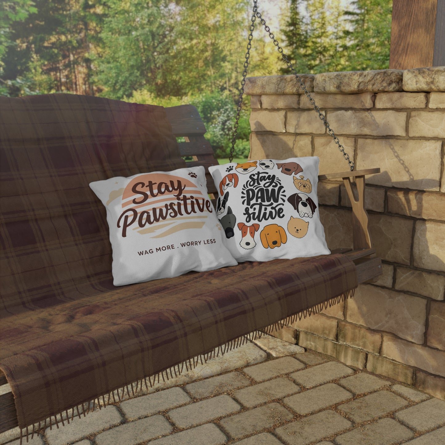 Stay Pawsitive Outdoor Pillow – Dog Lover Decorative Throw Pillow (Wag More, Worry Less)