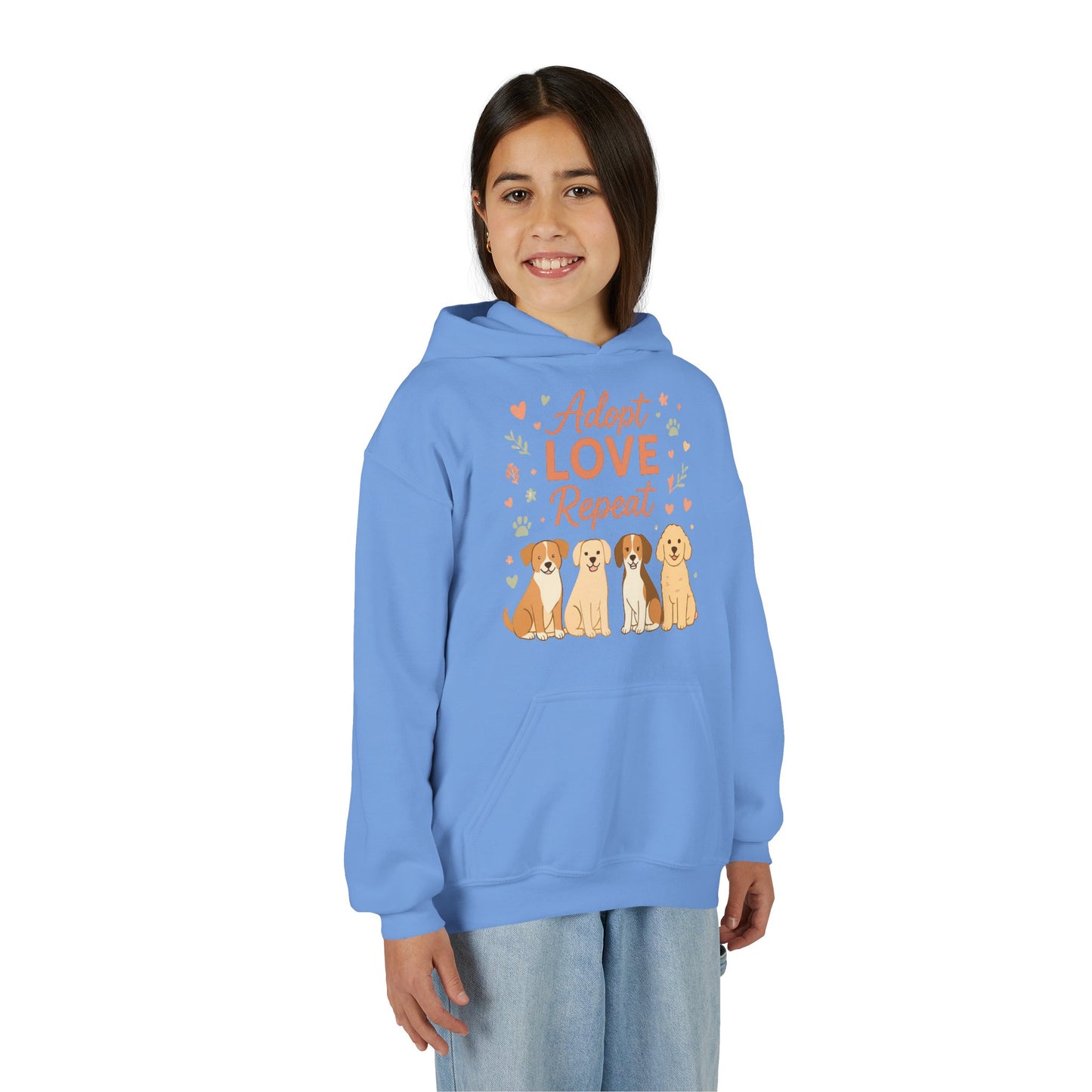 Adopt Love Repeat Hoodie — “My Therapist Has Four Legs” Youth Dog Rescue Sweatshirt
