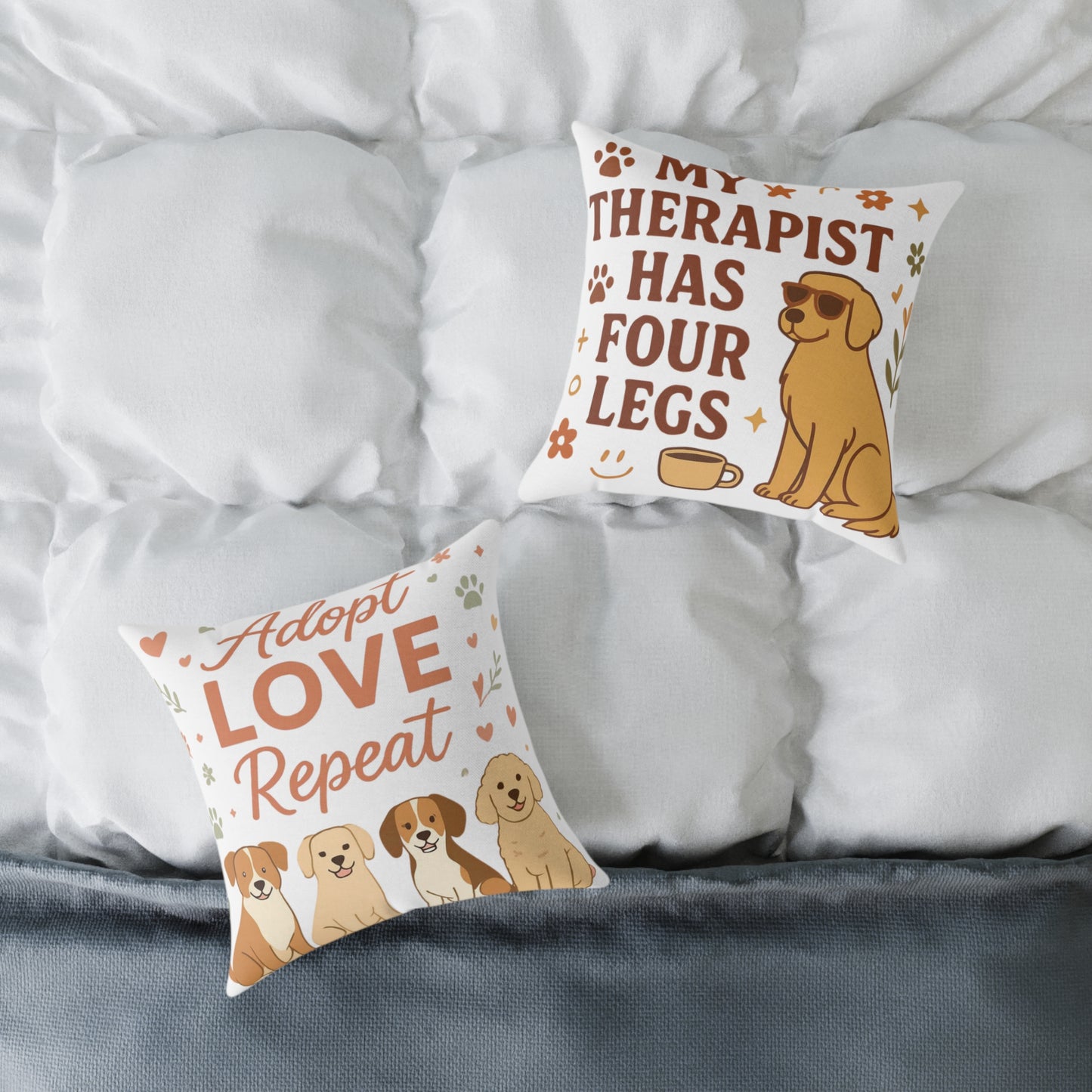 Adopt Love Repeat Dog Pillow — "My Therapist Has Four Legs" Square Throw Pillow
