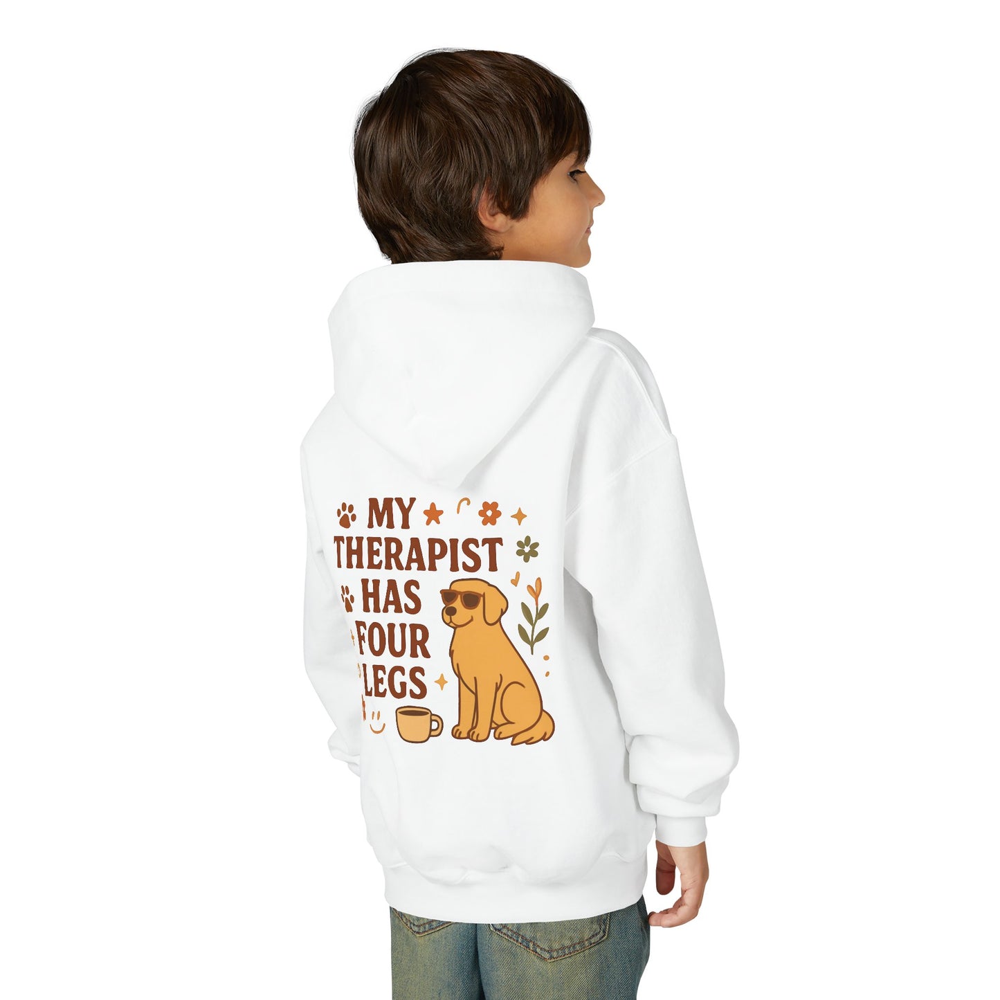 Adopt Love Repeat Hoodie — “My Therapist Has Four Legs” Youth Dog Rescue Sweatshirt
