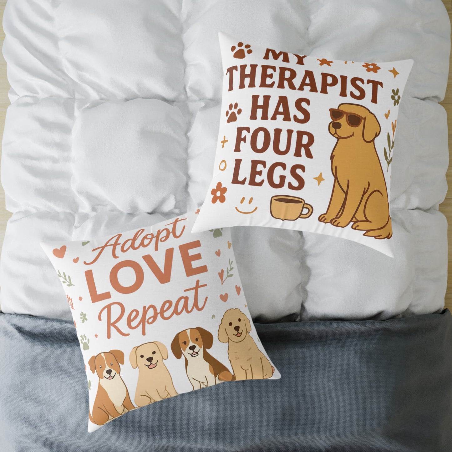 Adopt Love Repeat Dog Pillow — "My Therapist Has Four Legs" Square Throw Pillow