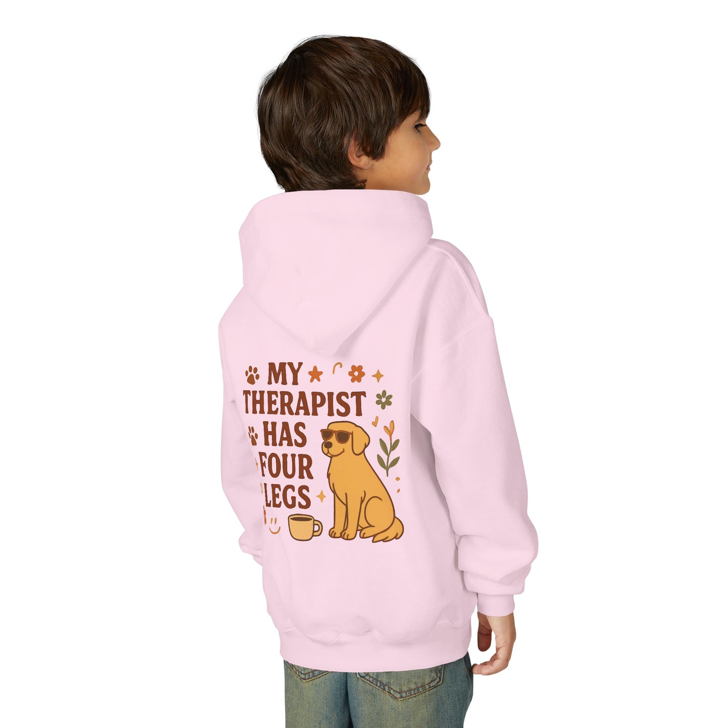Adopt Love Repeat Hoodie — “My Therapist Has Four Legs” Youth Dog Rescue Sweatshirt