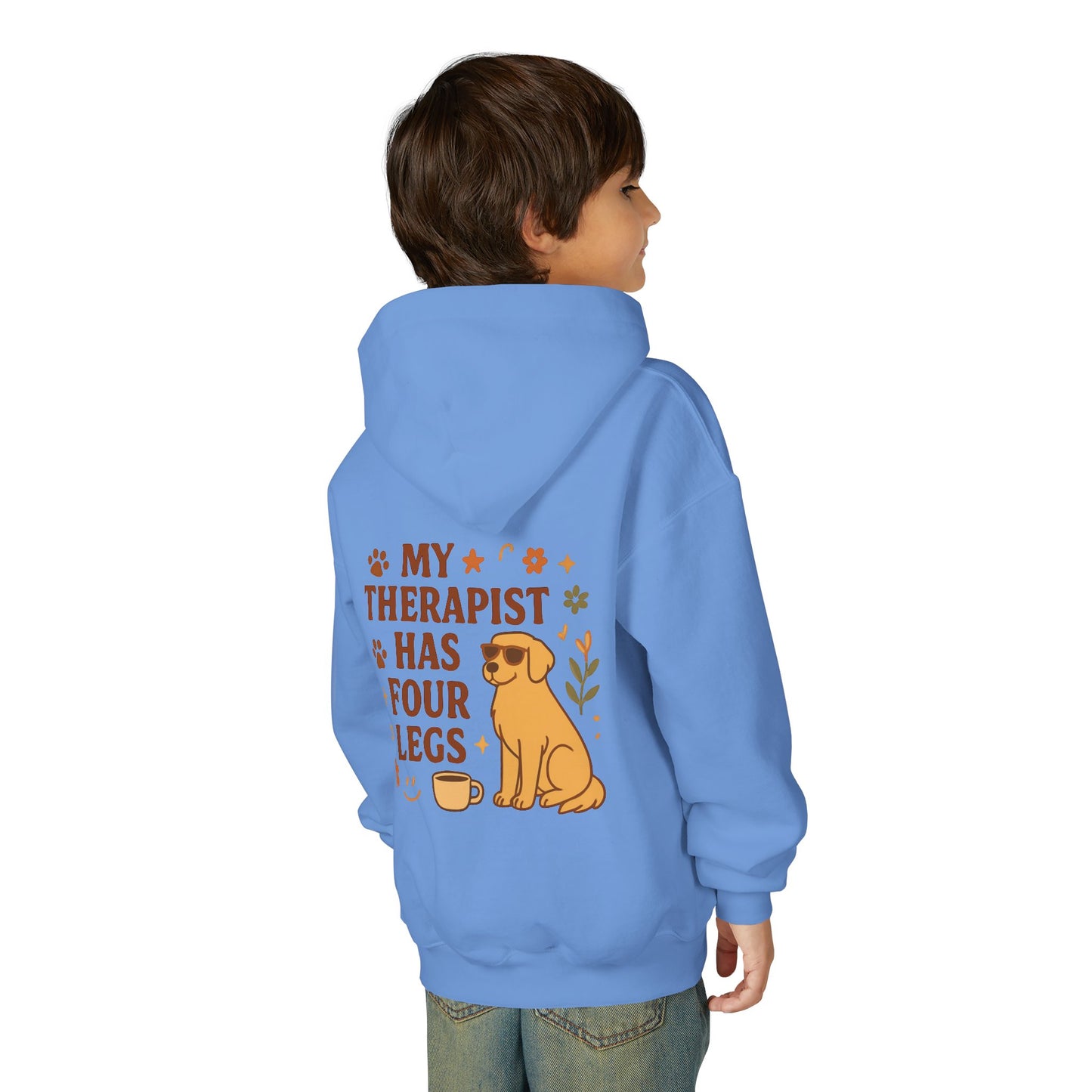 Adopt Love Repeat Hoodie — “My Therapist Has Four Legs” Youth Dog Rescue Sweatshirt