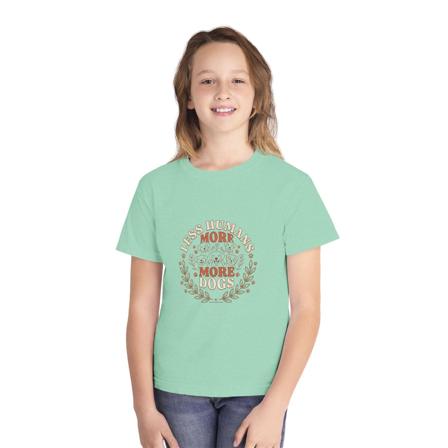Youth Tee — “Less Humans More Dogs / Puppy Therapy Works Better” Cute Dog Graphic Shirt