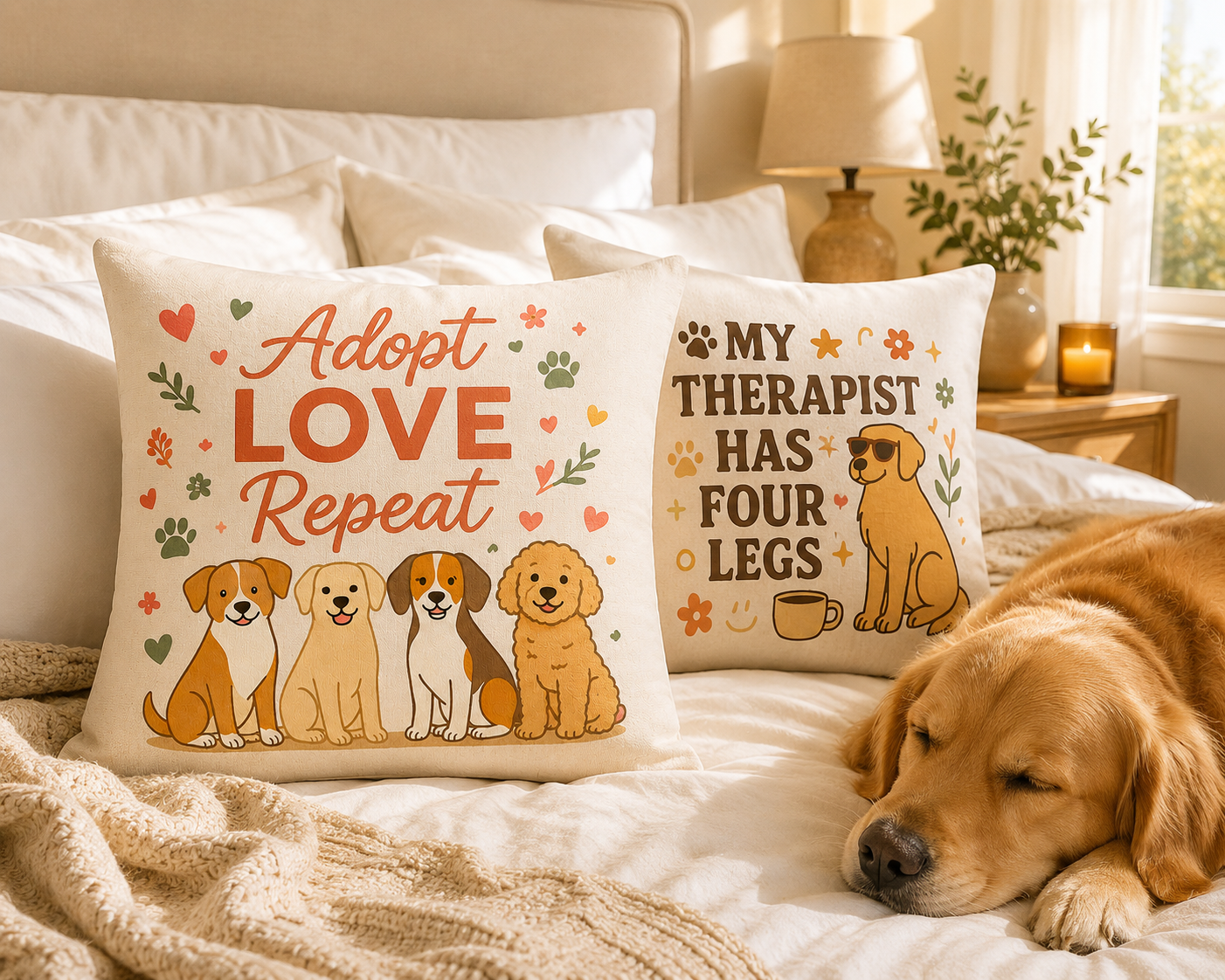 Adopt Love Repeat Dog Pillow — "My Therapist Has Four Legs" Square Throw Pillow