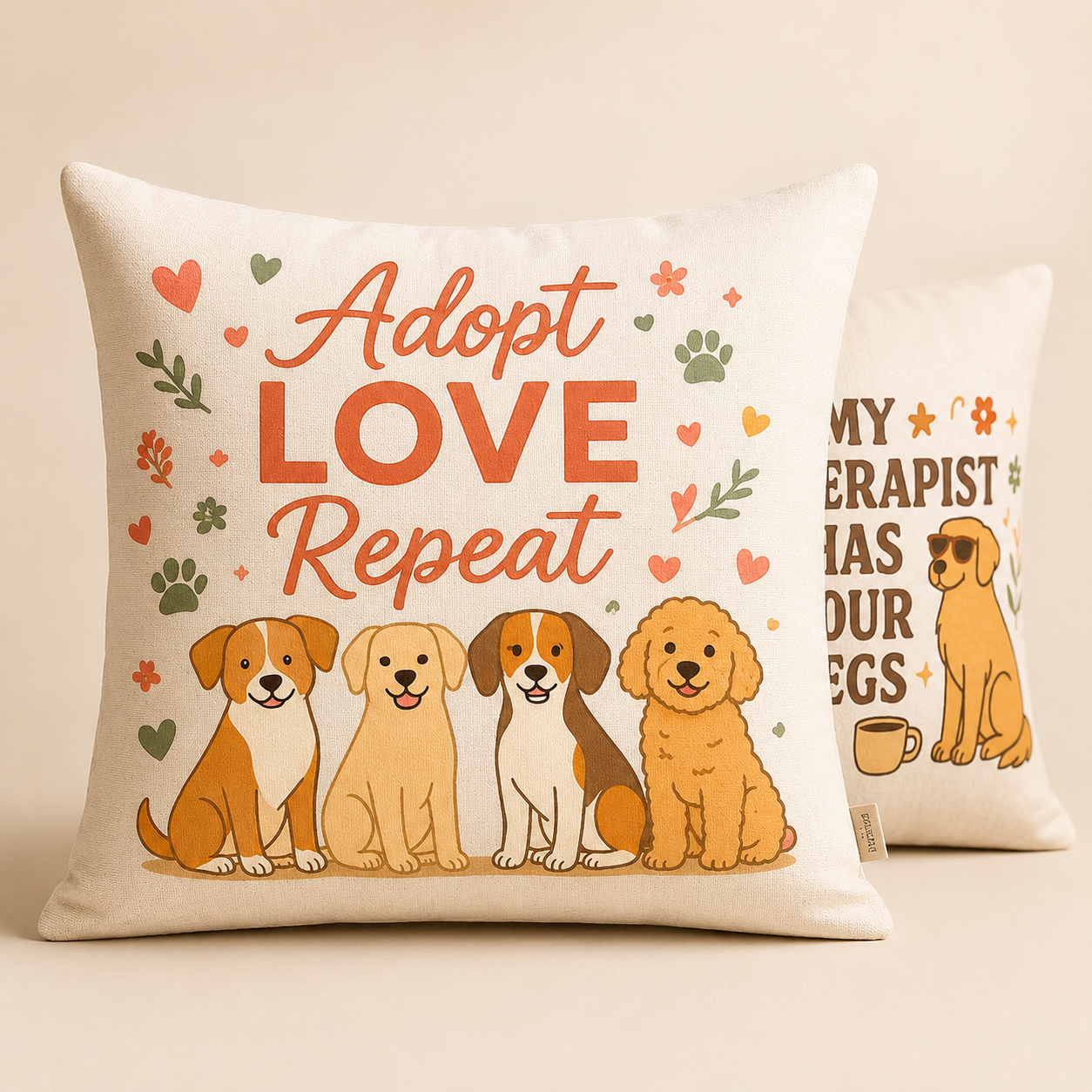 Adopt Love Repeat Dog Pillow — "My Therapist Has Four Legs" Square Throw Pillow