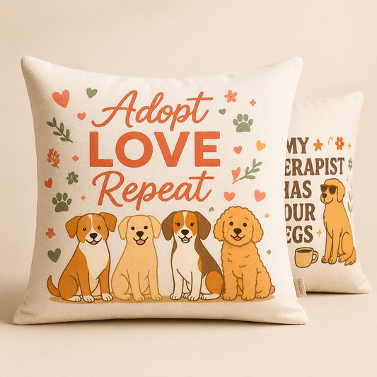 Adopt Love Repeat Dog Pillow — "My Therapist Has Four Legs" Square Throw Pillow