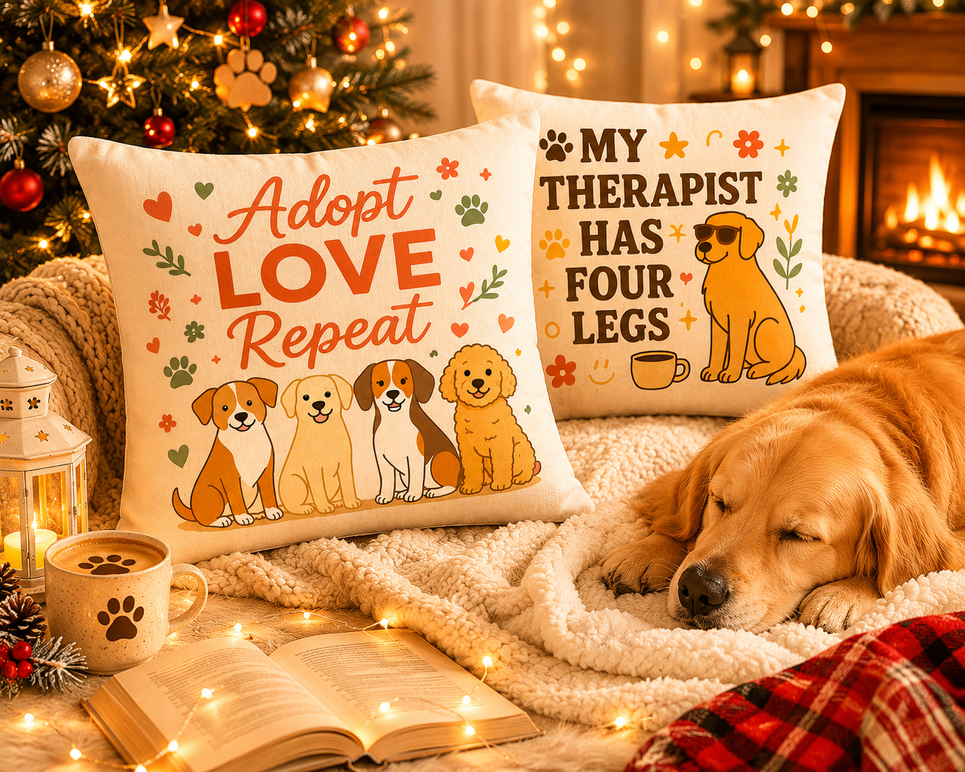 Adopt Love Repeat Dog Pillow — "My Therapist Has Four Legs" Square Throw Pillow