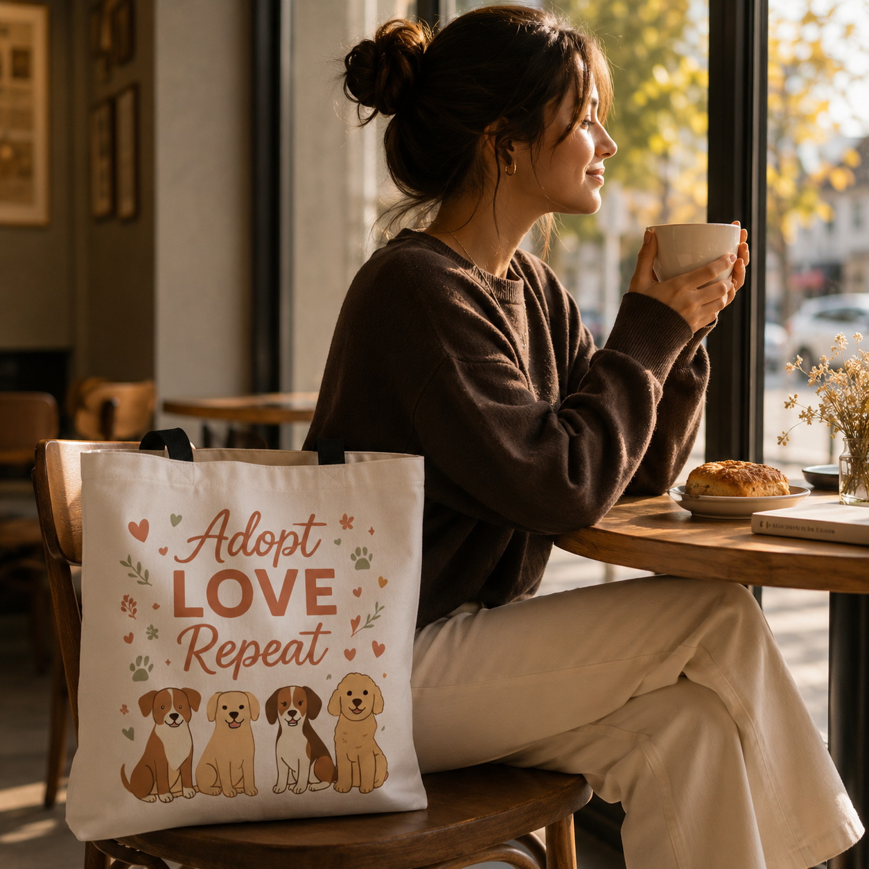 Dog Lover Tote Bag – "My Therapist Has Four Legs" & "Adopt Love Repeat" Canvas Tote