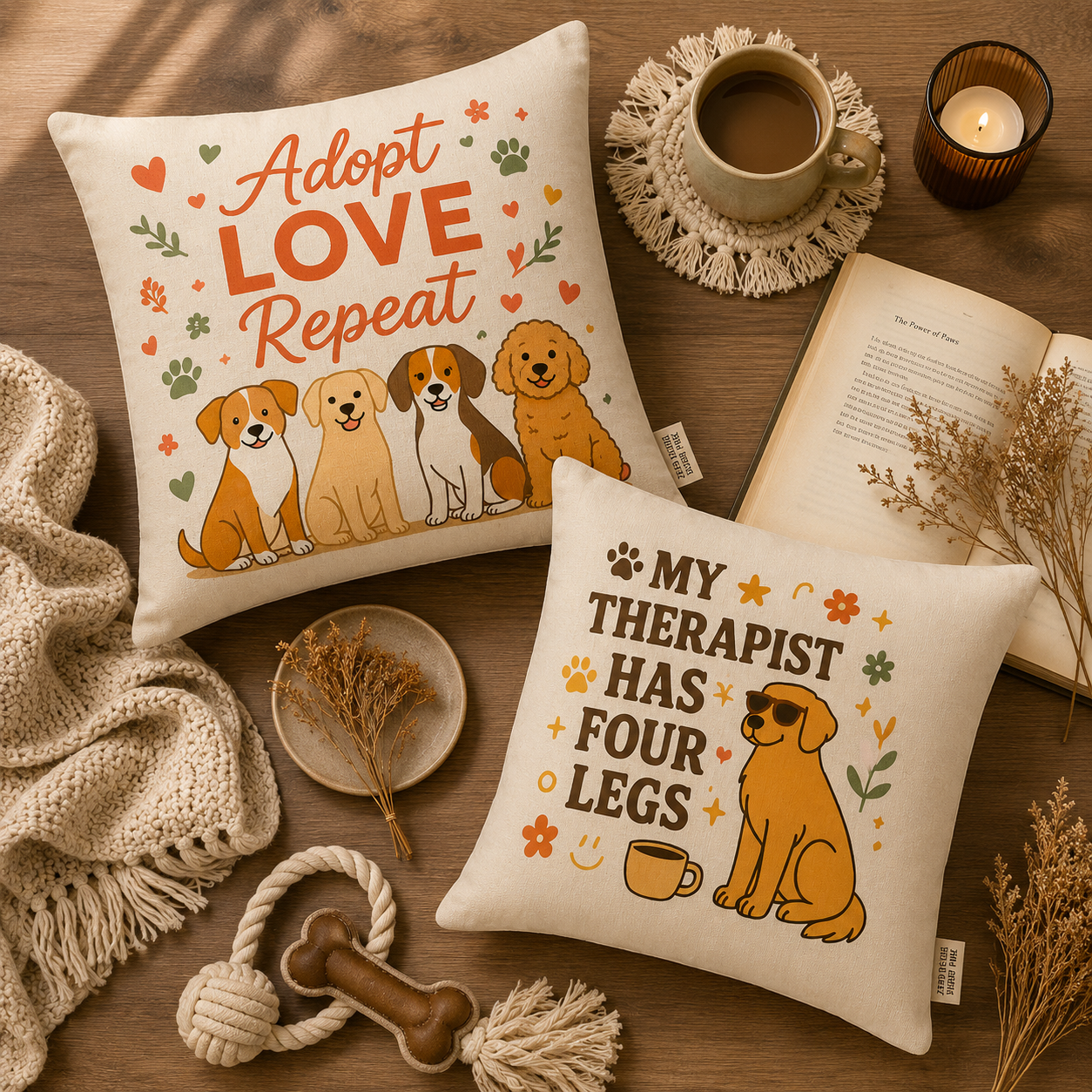 Adopt Love Repeat Dog Pillow — "My Therapist Has Four Legs" Square Throw Pillow