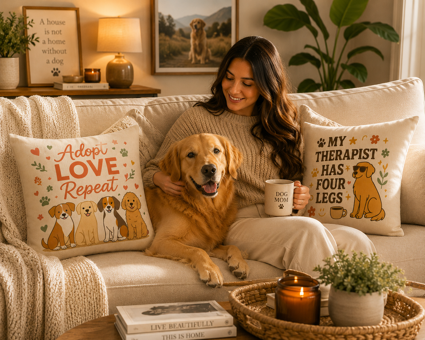 Adopt Love Repeat Dog Pillow — "My Therapist Has Four Legs" Square Throw Pillow