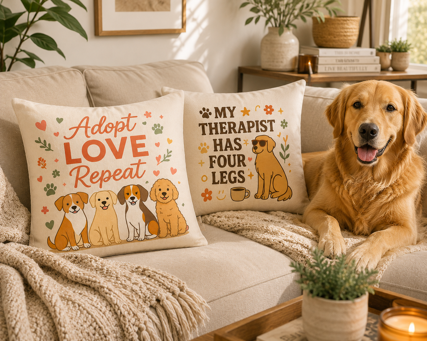 Adopt Love Repeat Dog Pillow — "My Therapist Has Four Legs" Square Throw Pillow
