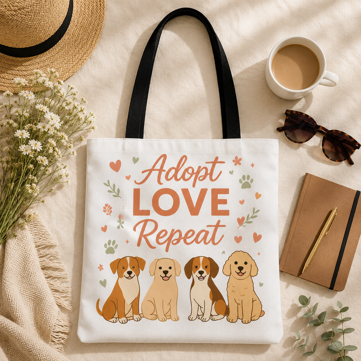 Dog Lover Tote Bag – "My Therapist Has Four Legs" & "Adopt Love Repeat" Canvas Tote